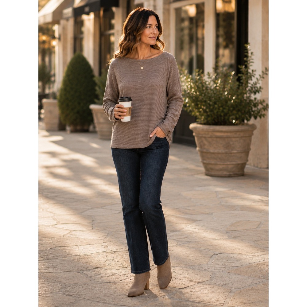 Soma WKND Womens Taupe Ribbed Boat Neck Long Sleeve Sweater XS Relaxed Fit‎